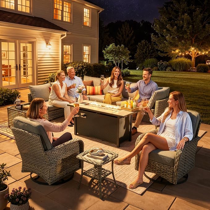 CAODOC 11-Piece Outdoor Sectional Sofa Set with 54" Fire Pit – L-Shaped Wicker Patio Furniture, Deep Seating & Swivel Rockers,Dark Gray