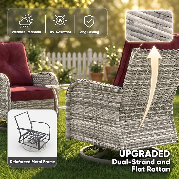 3-Piece Small Patio Furniture Set, Outdoor Swivel Rocking Chairs Set with Wicker Chairs and Tempered Glass Side Table, Outdoor Furniture Patio Bistro Set for Balcony, Deck, Porch
