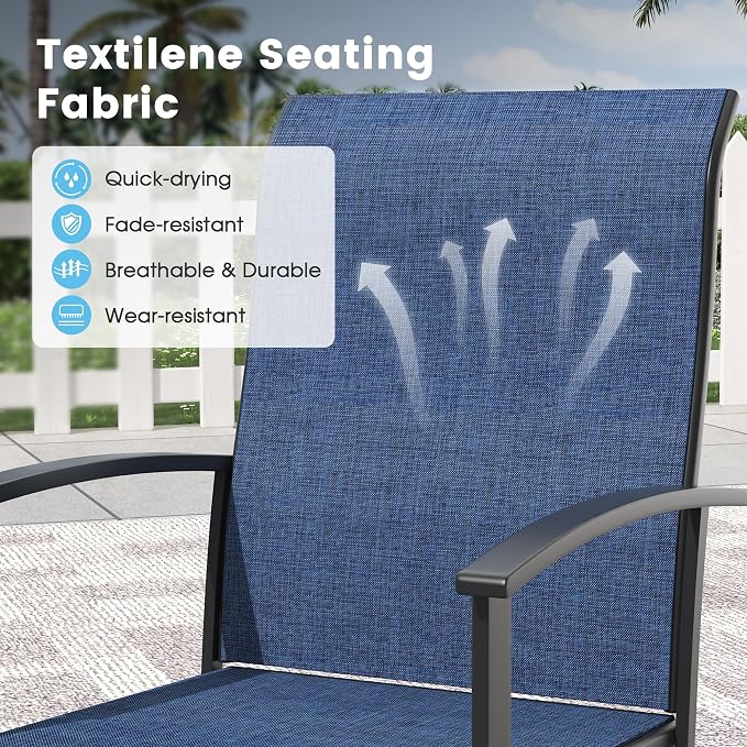 7 Pieces Outdoor Patio Dining Table Set, 50" All Weather Round Metal Table with Umbrella Hole and 6 High Back Textilene Swivel Chairs for Garden, Lawn, Poolside, Black Table & Blue Chairs