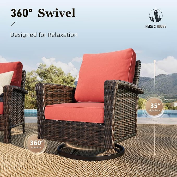 HERA'S HOUSE 8-Piece Patio Furniture Set with Swivel Chairs & Fire Pit, Outdoor High Back Wicker Conversation Sets with 5.5" Thick Cushions, All-Weather Deep Seating Sofa with Ottomans, Red