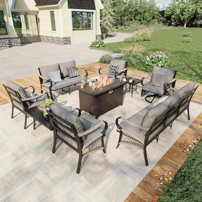 9 Pieces Patio Conversation Sets, All Weather Metal Outdoor Furniture Set 3-Seater 2 Swivel Rockers with Side Table 2 Single Chairs 1 Loveseat with Coffee Table and Fire Pit Table, Gray