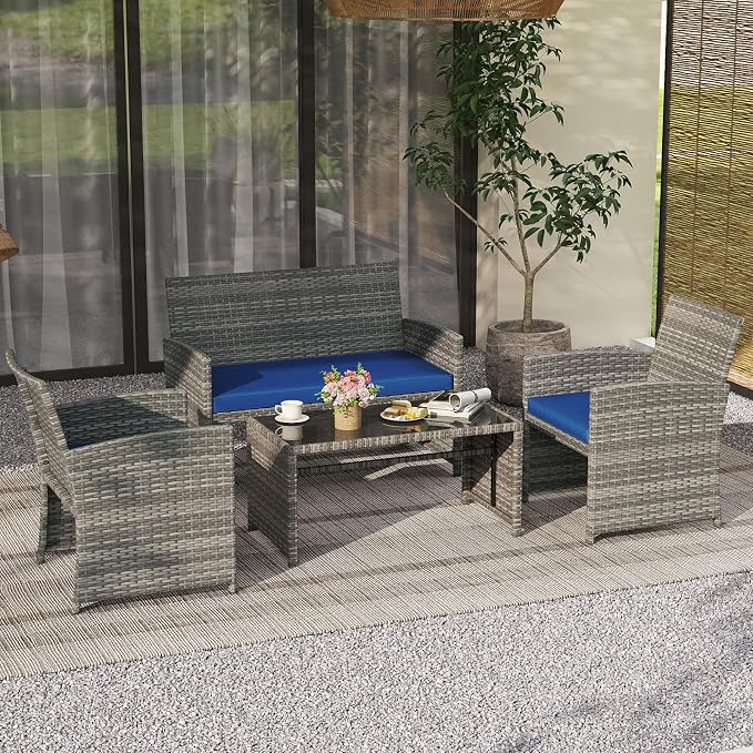 Tangkula 8 Piece Patio Wicker Furniture Set, Outdoor Heavy Duty Rattan Cushioned Chairs, Loveseat and Tempered Glass Coffee Table, for Backyard, Balcony, Poolside