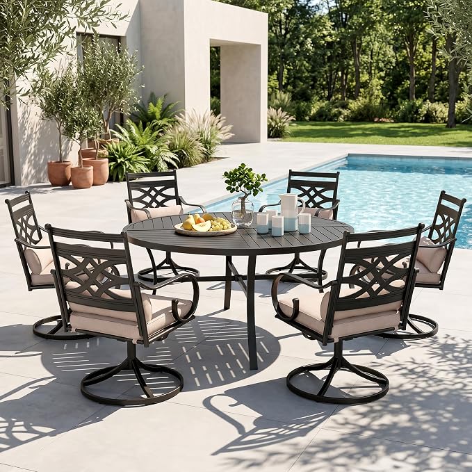 MFSTUDIO 7-Piece Patio Dining Set, 54" Round Metal Table, Swivel Chairs | Umbrella Hole, All-Weather Use