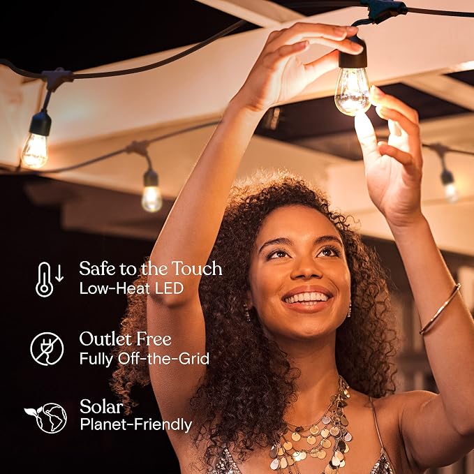 Brightech Ambience Pro Solar Powered Outdoor String Lights, 48 ft Commercial Grade Waterproof Patio Lights, Shatterproof LED String Lights for Outside, Porch - 15 Edison Bulbs, 1W Warm White