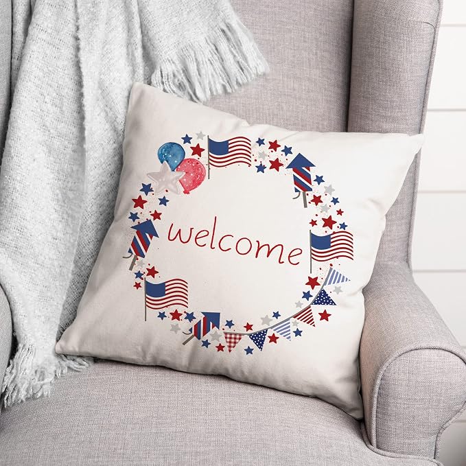Patriotic Welcome Wreath Throw Pillow | Decorative Pillows for Living Room Couch Bed Sofa, Fluffy Soft Cushion | Red, 18x18