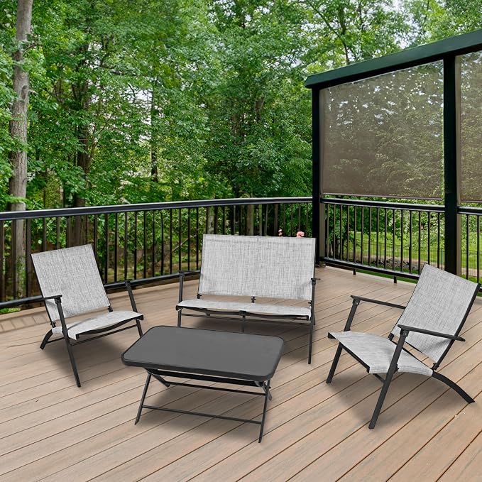 Four Seasons Courtyard Novara 4 Piece Steel Folding Outdoor Patio Furniture Conversation Set with 2 Patio Chairs, 1 Loveseat, and Table, Tan/Espresso