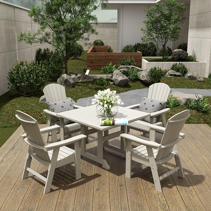 WestinTrends Dylan Adirondack Patio Dining Set for 4, All Weather Poly Lumber Outdoor Table and Chairs Set of 4, 43" Trestle Square Dining Table and Seashell Adirondack Dining Chair, Sand