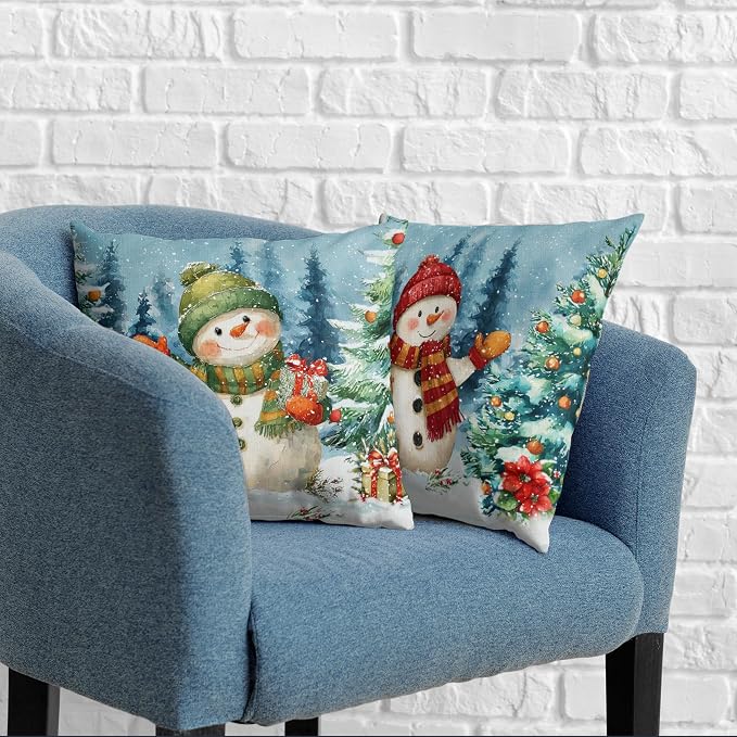 Lovely Green and Red Snowman Pillow Covers Christmas Throw Pillow Covers 18x18 Set of 2 Winter Xmas Tree Pine Forest Pillowcase Holiday Cushion Case for Couch Sofa
