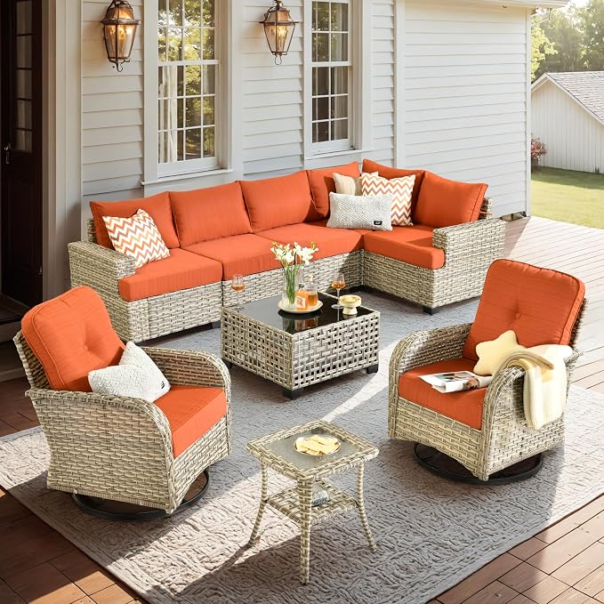 CAODOC 9 Piece Patio Furniture All Weather 7-Seater Outdoor Sectional Sofa with Patio Swivel Chairs and Solar Powered Coffee Table for Porch,Garden,Backyard,Deck(Red)