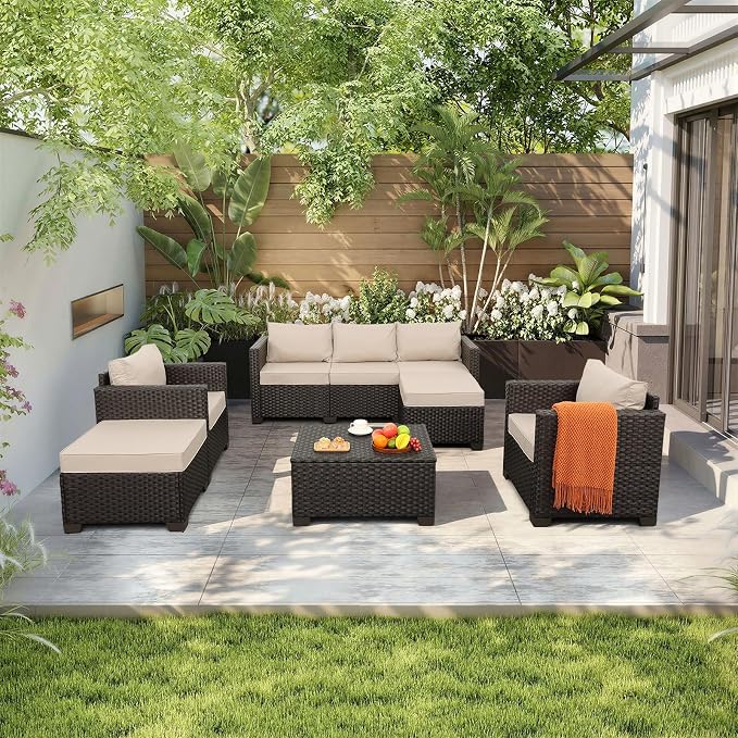 Rattan Star 6 Pieces Patio Outdoor Furniture Outdoor Conversation Sets Wicker Sofa Set with Outdoor Couch Patio Chairs Storage Coffee Table Khaki Cushions Waterproof Covers