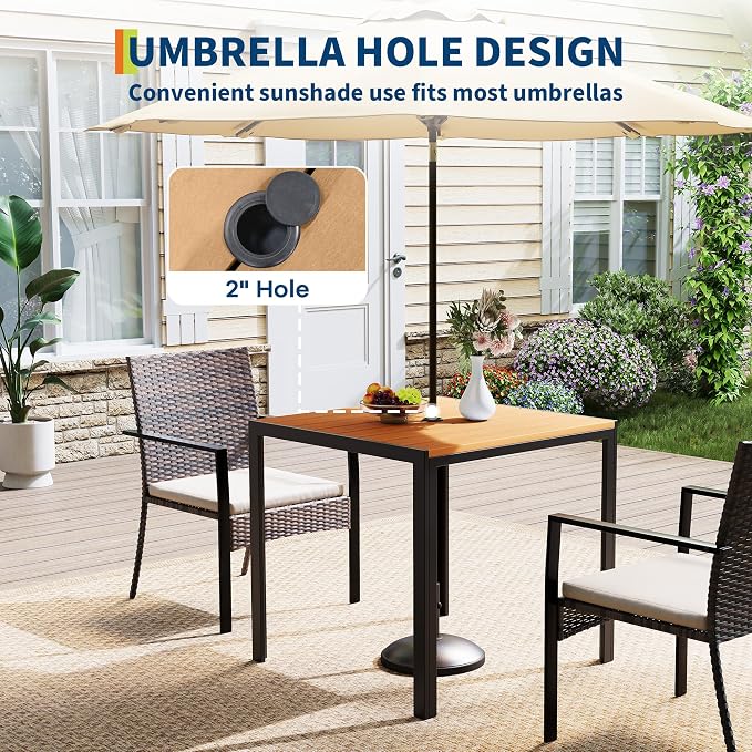 3 Piece Patio Dining Set, Wicker Outdoor Table and Chairs with Umbrella Hole ＆ Soft Cushion, Patio Furniture Set for Backyard, Garden, Poolside, Deck - Black＆White