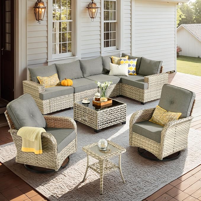 CAODOC 9 Piece Patio Furniture All Weather 7-Seater Outdoor Sectional Sofa with Patio Swivel Chairs and Solar Powered Coffee Table for Porch,Garden,Backyard,Deck(Dark Grey)