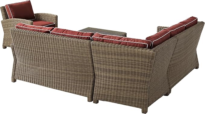 Crosley Furniture Bradenton 5-Piece Outdoor Sectional Sofa Wicker Conversation Patio Furniture Set for Deck, Brown with Sangria Cushions