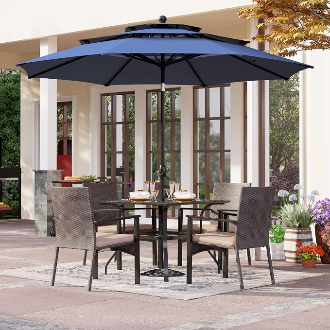 PHI VILLA 5pc Patio Dining Set with Umbrella, Square Table, Rattan Chairs | 37" Metal square dining table, cushioned wicker chairs, 10ft blue umbrella. Perfect for patio, deck, yard, porch.