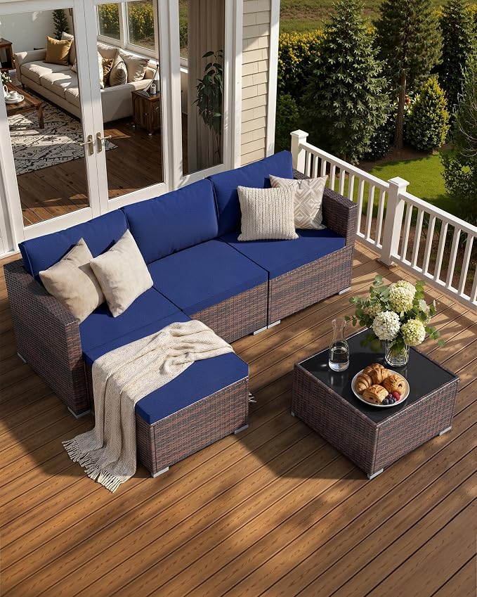 Skyfish Patio Furniture Set - Wide Armrests - All-Weather 5 Piece Outdoor Wicker Sectional Couch with Chaise Lounge,Couch Conversation Set, PE Rattan Sofa for Backyard Porch Poolside Brown/Navy Blue