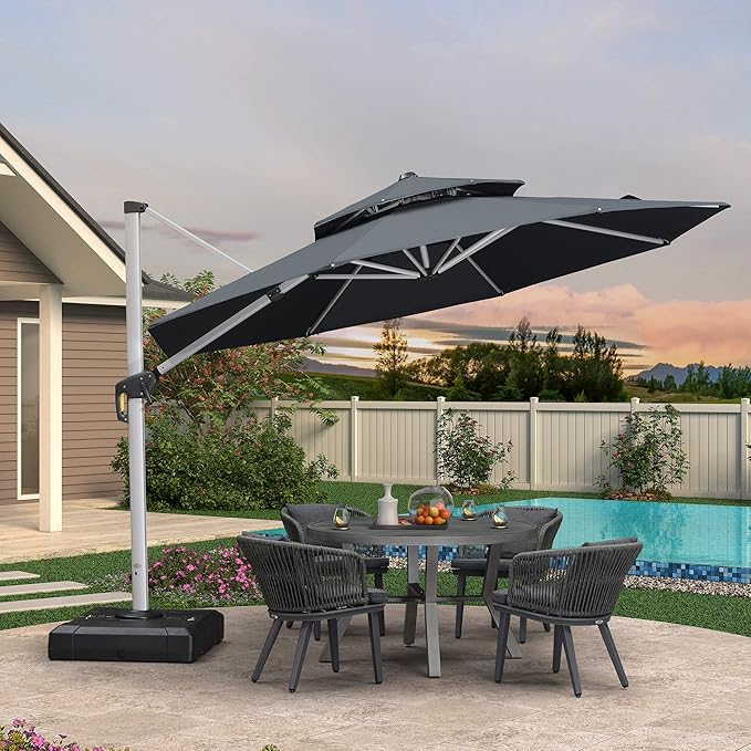 PURPLE LEAF 12 FT Cantilever Patio Umbrellas with Base Included, Large Round Offset Umbrella with 360° Rotation, Outdoor Aluminum Pool Umbrella for Pool Lawn Garden, Grey