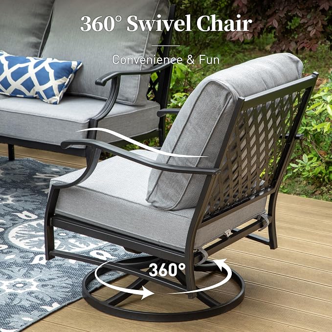 SUNSHINE VALLEY 6 Piece Metal Outdoor Patio Furniture Set, Patio Conversation Sets 1 3-Seater Sofa, 2 Swivel Chair, 2 Leg Chair with 5.75" Thick Cushion and Coffee Table, Backyard Furniture Set, Gray