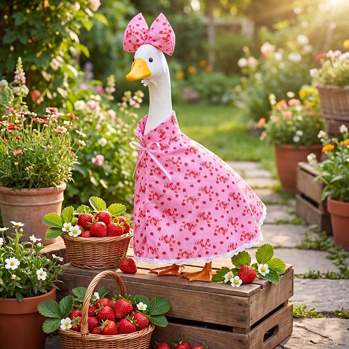 Abbylike Strawberry Porch Goose Outfit Summer Strawberry Costume Clothes for 23'' Cement Goose for Summer Garden Porch Statue Yard Pathway Decorations