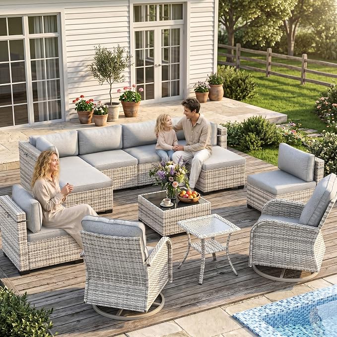 12-Piece Patio Furniture Set, Outdoor Patio Furniture with Swivel Chairs Set, Ottomans, Modular Patio Sofa, Dual-Strand Wicker Rattan, Rust-Resistant Frame, Grey