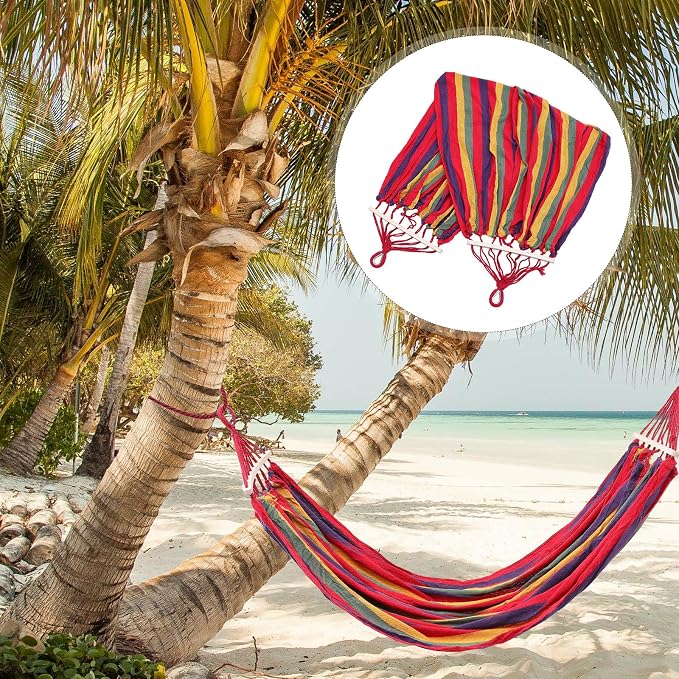 KALLORY Outdoor Striped Canvas Camping Hammock with Curved Rod and Duckbill Buckle, Single Portable Travel Hammock 190x150cm with Hanging Ropes and Storage Bag for Hiking and Backyard Use