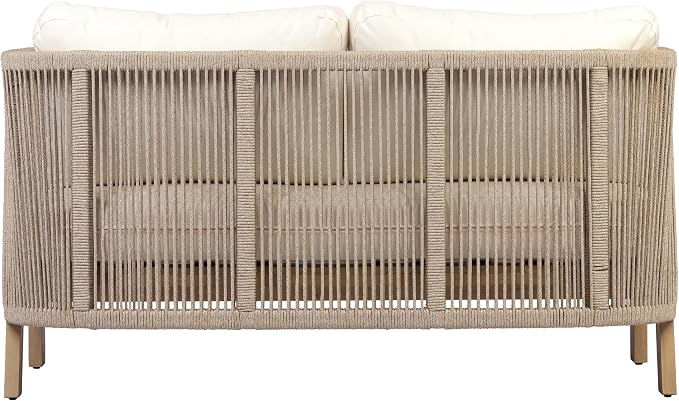 Christopher Knight Home Dalba Acacia Wood Outdoor Loveseat and Coffee Table Set, 3 Piece Patio Furniture Set with Removable Cushion, Solid Wood Outdoor Conversation Set, Light Teak+Beige