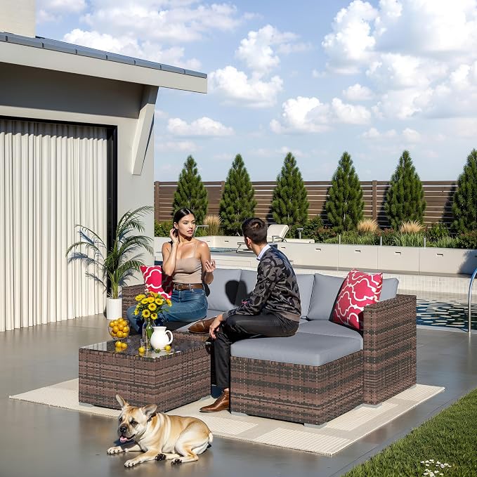 Patio Furniture Set 4 Pieces, Outdoor Patio Furniture Set with Rattan Wicker Chairs, Glass Table and Cushions for Porch, Balcony, Backyard, Garden, Poolside, Brown & Red (Brown + Light Grey, 5 Pieces)