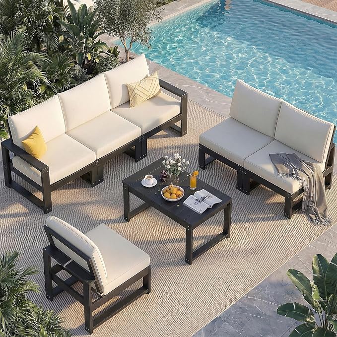 Outdoor Furniture with Cushions, Patio Furniture Set, 7-Piece L Shaped Outdoor Couch Sets 6 Seats, HDPE Patio Sectional Sofas for Porch, Deck, Backyard, Black