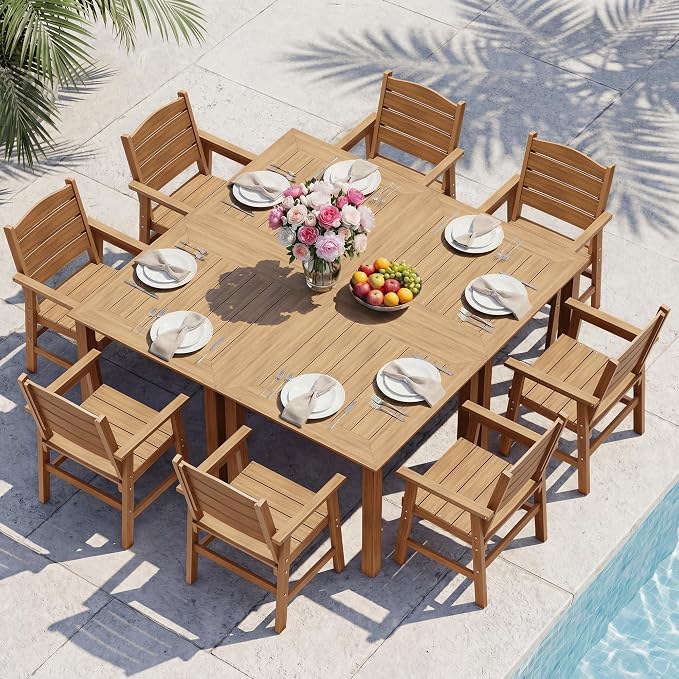 YEFU HIPS Patio Dining Set for 8 : Modern Outdoor Table and Chairs Easy Clean Outdoor Dining Set - 12-Piece Waterproof All-Weather Easy Assembly Furniture for Backyard Garden Deck（Teak）