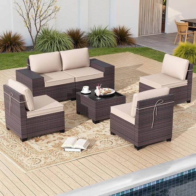 Gotland 6 Pieces Patio Furniture Set with 1 Coffee Table, 5 Seater Rattan Outdoor Sectional with Wide Armrests 29.5'' High Backrest Thick Waterproof Cushions, Conversation Sets for Deck Garden Khaki
