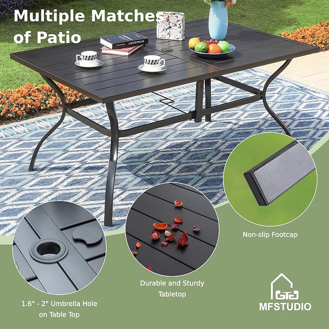MFSTUDIO 7 PCS Patio Dining Set with 6 Stacking Aluminum Armchair(Grey) and 1 Rectangular Heavy Duty Table, Patio Dining Table and Chairs Set, Patio Dining Furniture Set for 6