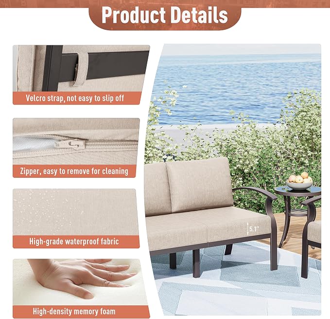 Kurapika Aluminum Patio Furniture Set 8-Seat Modern Metal Outdoor Conversation Sets w/Swivel Rocking Chairs Patio Sectional Sofa w/5.1 Inch Cushion, Sand