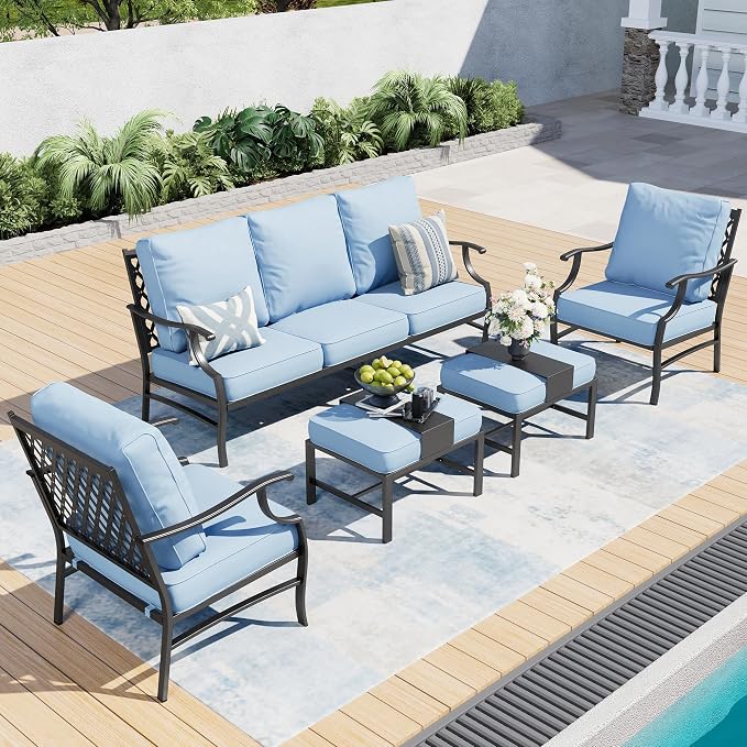 SUNSHINE VALLEY 5 Piece Metal Outdoor Patio Furniture Set, Patio Conversation Sets 1 3-seater Sofa, 2 Fixed Chair, 2 Ottomans with 5.75" Thick Cushion, Black All-weather Frame Backyard Furniture, Blue