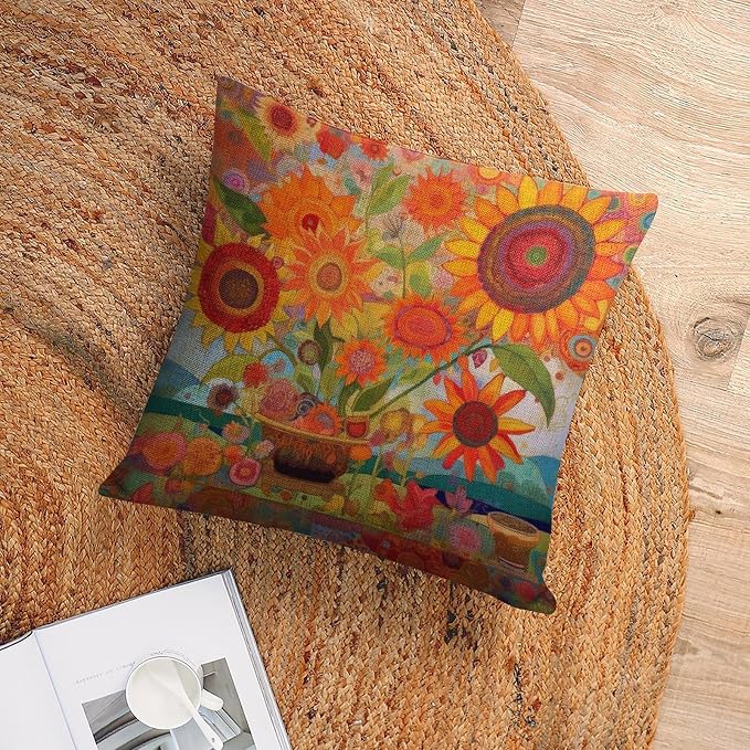 Cushion Covers Colorful Painting of Sunflowers Outdoor Square Pillow Cushion Cases Beautiful Flower Pattern Decorative Throw Pillow Covers 16"x16" for Outdoor Bed Sofa Cutton Linen Cushion Cases