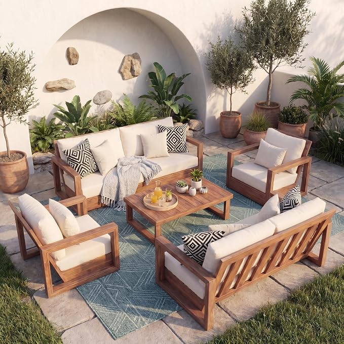 Christopher Knight Home 6-Piece Patio Furniture Set, Acacia Wood Outdoor Sofa Set with 3-Seater Sofa Loveseat 2 Swivel Rocking Chairs Coffee Table Side Table, Deep Seat Patio Conversation Set, Brown