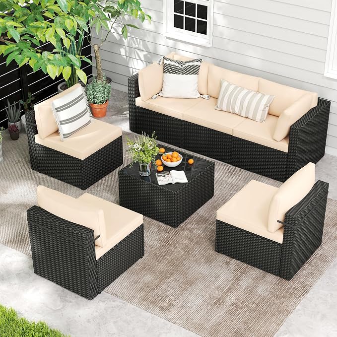 7-Piece Outdoor Sectional Sofa Set, Weather-Resistant Patio Furniture Set with Washable Cushions and Coffee Table, Black Rattan Patio Conversation Set for Poolside, Backyard, Deck (Beige)