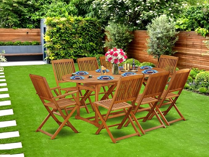 East West Furniture BSCM92CANA 9 Piece Patio Garden Table Set Includes an Oval Outdoor Acacia Wood Dining Table and 2 Folding Arm Chairs with 6 Side Chairs, 36x78 Inch, Natural Oil