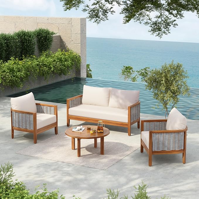 Merax 4 Pieces Acacia Wood Patio Furniture Set, Outdoor Woven Rope Conversation Sets with 1 Loveseat, 2 Chairs and Round Table for Backyard, Porch, Garden, Deep Seating & Soft Cushions, Teak+Beige