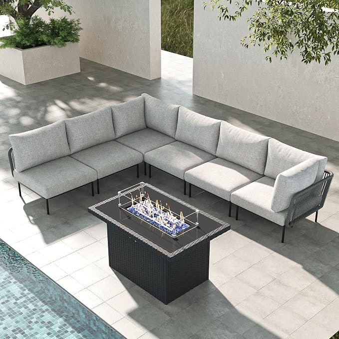 LayinSun 7 Pieces Aluminum Patio Furniture Set, Modern Modular Sectional Sofa with Fire Pit Table and Upgrade Thickness Cushion