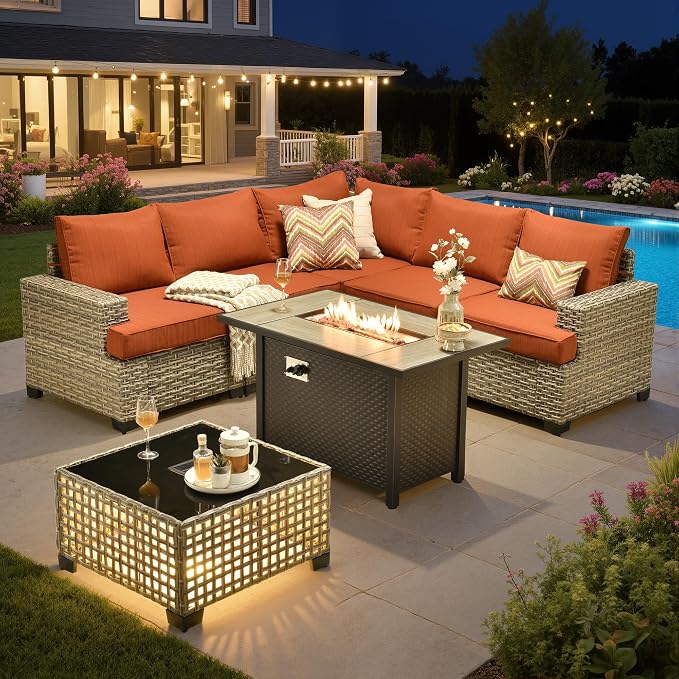 Outdoor Sectional Patio Furniture Set with Fire Pit,7 Pieces Rattan Conversation Sets,Out Door L Shaped Furniture with Glowing Coffee Table,Orange Red