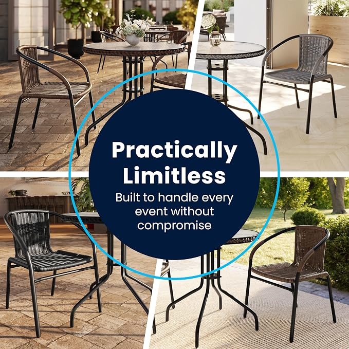 Flash Furniture Lila 3-Piece 28" Square Indoor/Outdoor Patio Table and Chairs Set, Glass Metal Bistro Table and 2 Stacking Rattan Chairs, Brown | Tempered Glass, Dark Brown Rattan Edging, 2 Rattan Stack Chairs