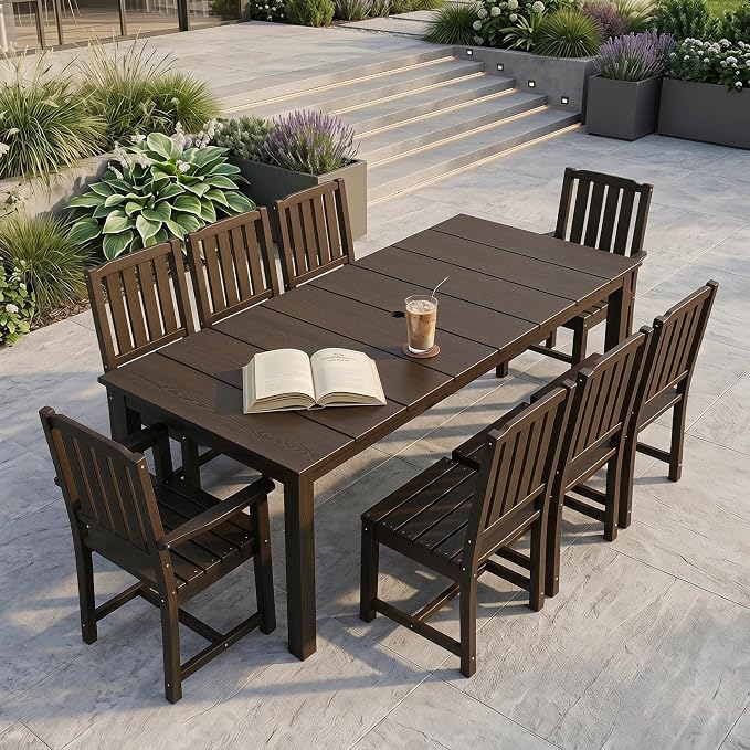 PLUUV Outdoor Dining Set for 8 Person, HDPE Large Table with Aluminum Legs and 8 Armless Chairs, All-Weather Patio Dining Furniture Set with Umbrella Hole for Backyard, Garden, Coffee