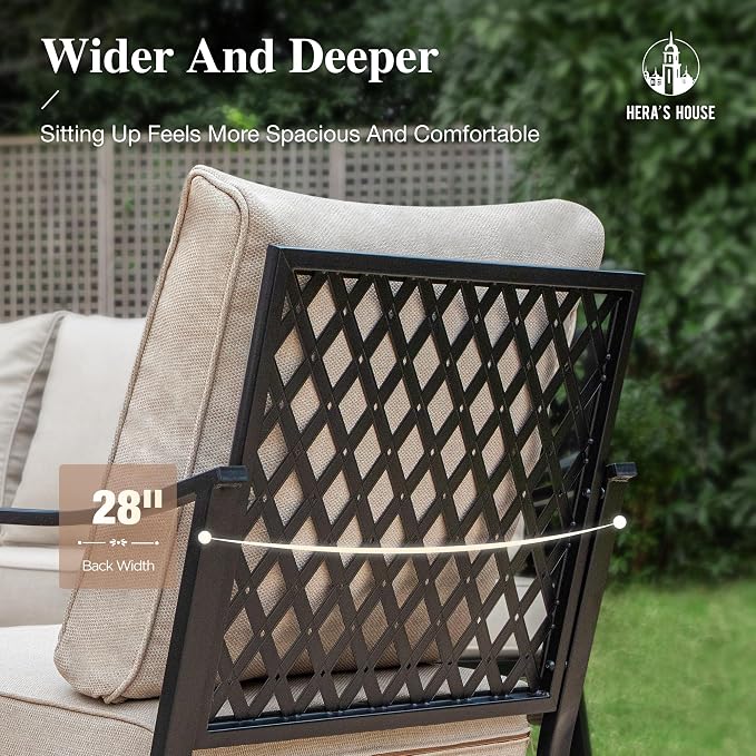 HERA'S HOUSE 4 Piece Metal Patio Furniture Set, 2 x Rocking Cushioned Chair, 2-Seat Lover Sofa with Coffee Table, All Weather Outdoor Conversation Set for Lawn Garden Backyard Deck, Beige