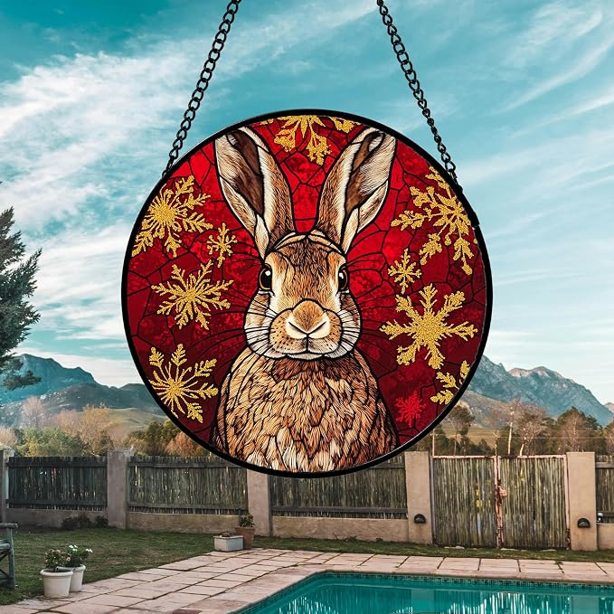 DASTOLL Stained Glass Window Hanging 4 Pcs Set Red Golden Snowflakes 7.8" - Christmas Elk Rabbit Suncatcher Door Garden Sun Catcher Decor Birthday for Mom Woman Nana Men