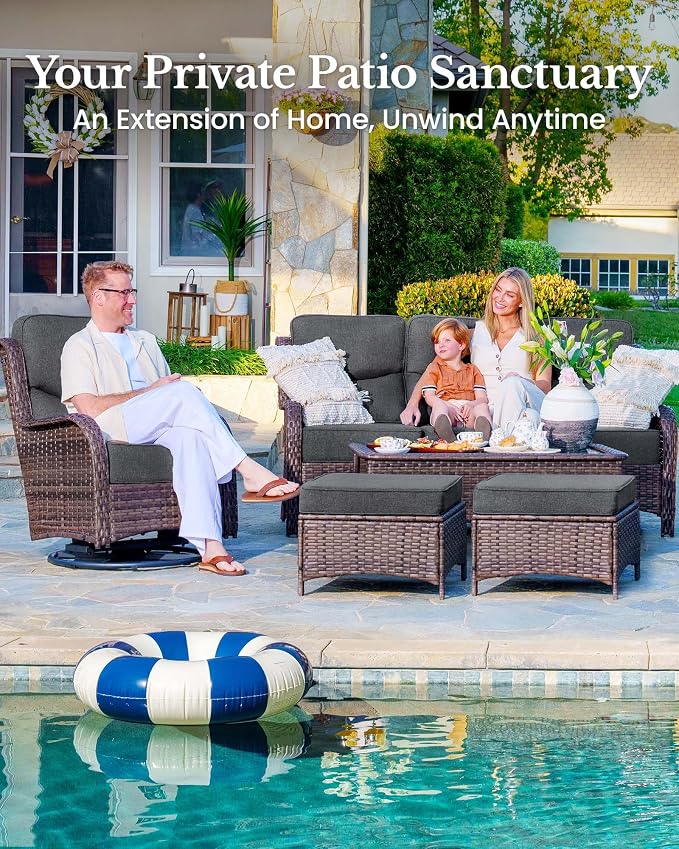 HILLGA 8-Piece Luxury Patio Furniture Set with 6" Thick Cushions, Weather-Resistant Wicker High Back Swivel Rocker Chairs, Senior-Friendly Outdoor Sofa Set for Large Deck, Yard and Poolside, Gray(V2)
