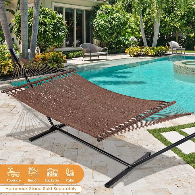Lazy Daze Hammocks 13 FT Extra Large 2+ Person Caribbean Rope Hammock, Hand Woven Polyester XL Hammock with Spreader Bars, for Outside Outdoor Backyard Patio Poolside, 500 LBS Capacity, Brown