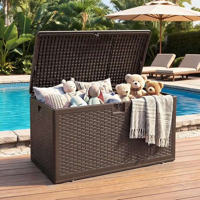 120 Gallon Waterproof Outdoor Storage Box – Blow-Molded Deck Box with Gas Rod Lift Lid, Lockable for Patio Furniture, Cushions, Garden Tools & Pool Floats, Bronw