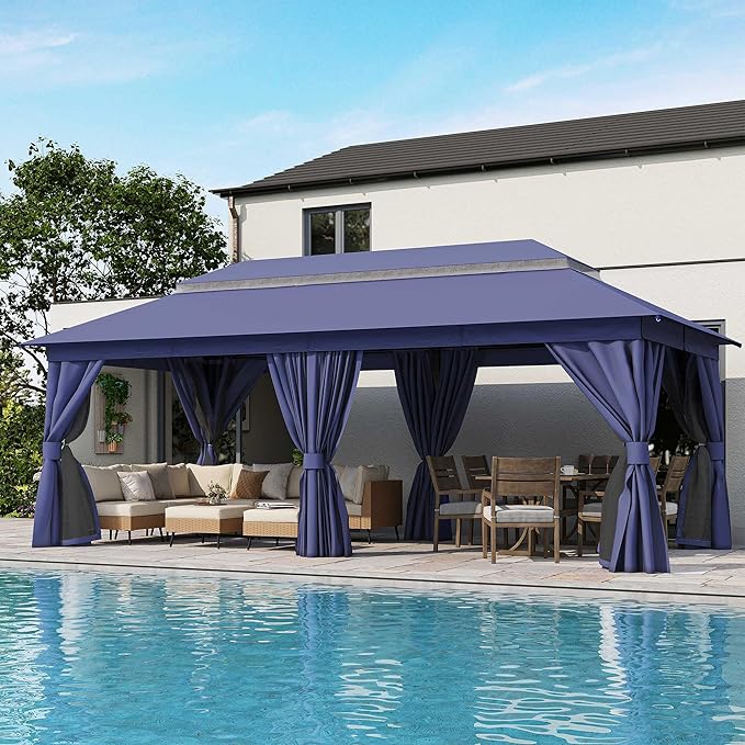 LAUSAINT HOME Patio Gazebo 10'x20', Outdoor Heavy Duty Party Tent Shelter with Double Roofs, Mosquito Nettings and Privacy Screens for Backyard, Garden, Lawn, Navy Blue