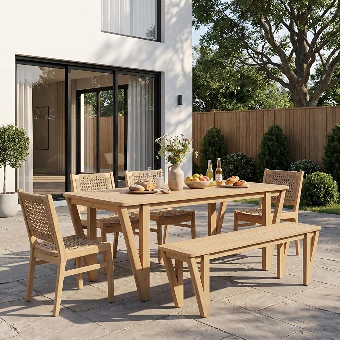 Christopher Knight Home Della Acacia Wood Dining Table Set for 6, 6 Piece Outdoor Dining Set with 70.75" Dinner Table, Bench and Armless Chairs, Patio Furniture Set for Dinner,Light Teak+Light Brown