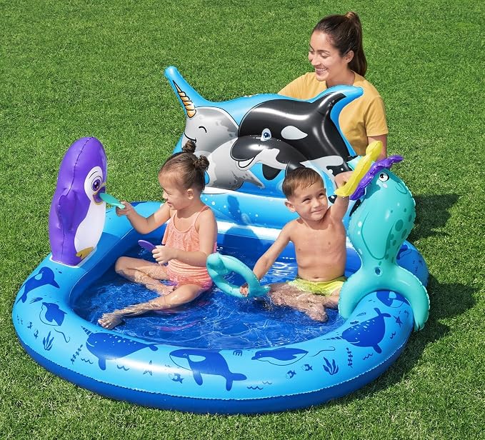 H2OGO! Polar Pals Inflatable Water Play Center, 53" x 51.5" x 28.5" Kids Outdoor Activity Center with Ring Toss Games, & Splash Pool