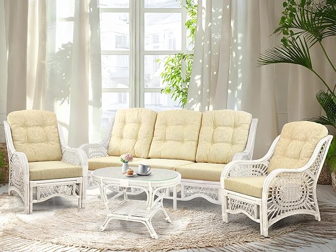 Malibu Lounge Set of 4: 2 Natural Rattan Wicker Chairs, Three-Seater Sofa with Cream Cushions and Coffee Table with Glass Handmade, White Color